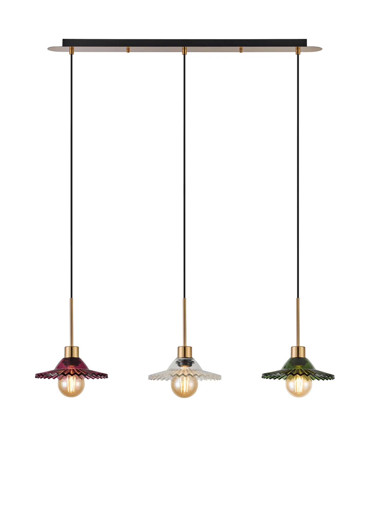 DK1218  Lori Linear Pendant, 3 Light Adjustable E27, Antique Gold/Moss Green/Clear/Purple Pleated Disc Shades